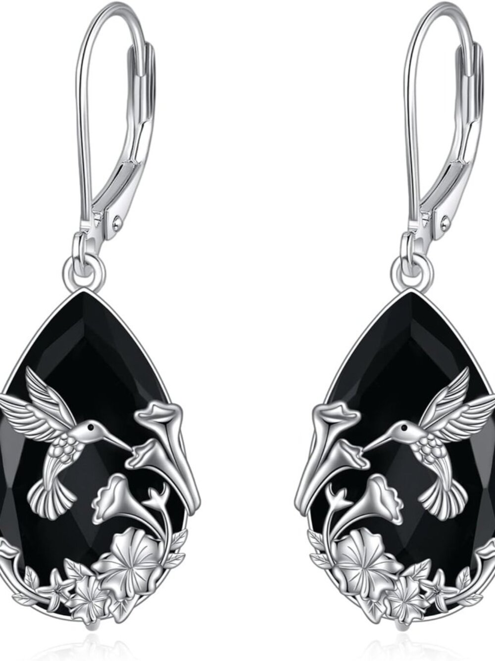 Elegant Black Tourmaline Hummingbird Earrings in Sterling Silver
